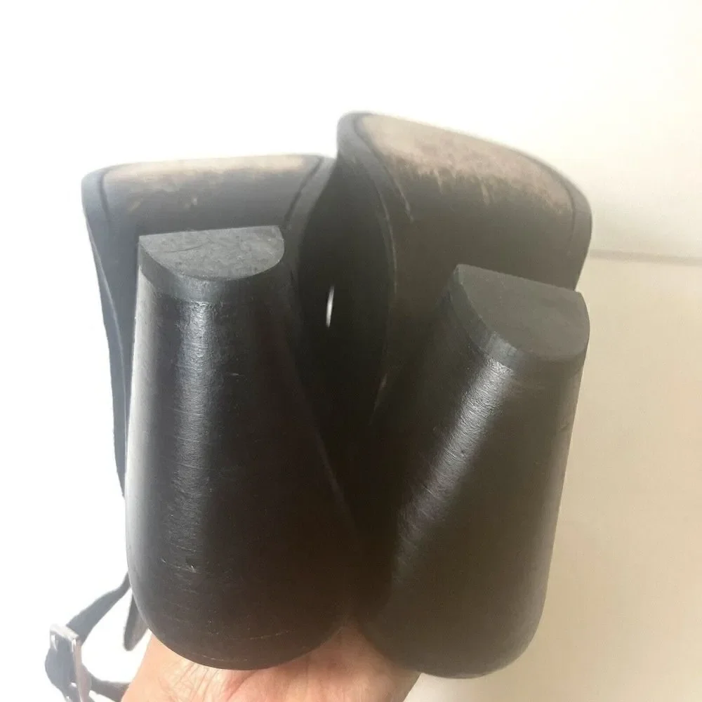 Frye Black Suede Ankle Bootie High Heels Wrap Women's Size 8.5 B Peep Toe Buckle
